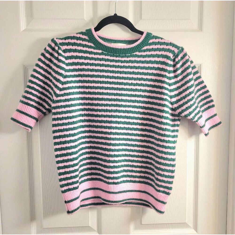 &Merci Small Pink Green Striped Puff Sleeve Sweater Preppy Coquette Colorful